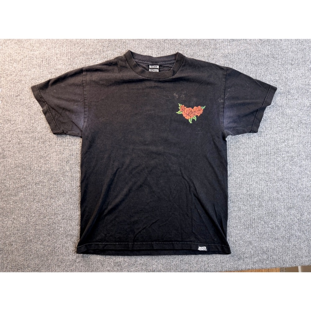 Broken Promises Mens Medium Black Rose Graphic Tee Shirt Streetwear Faded